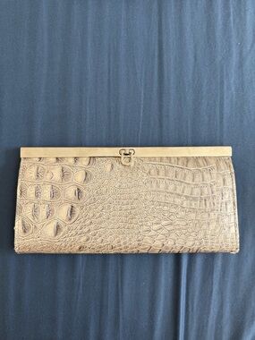 Croc-Embossed Cream Leather Clutch with Gold Frame